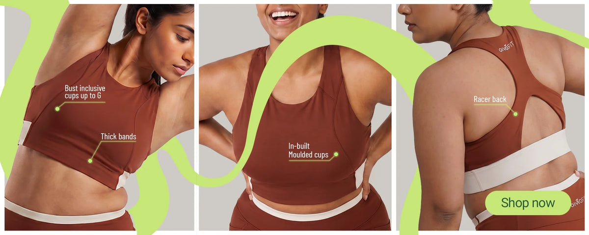 QivoFit brown sports bra up close: bust-inclusive cups up to G, thick bands, in-built moulded cups and a racerback.