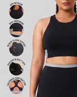 Black Full Coverage Sports Bra with detail close-ups of the high neckline, wide underband, moulded built-in cups and racerback construction.