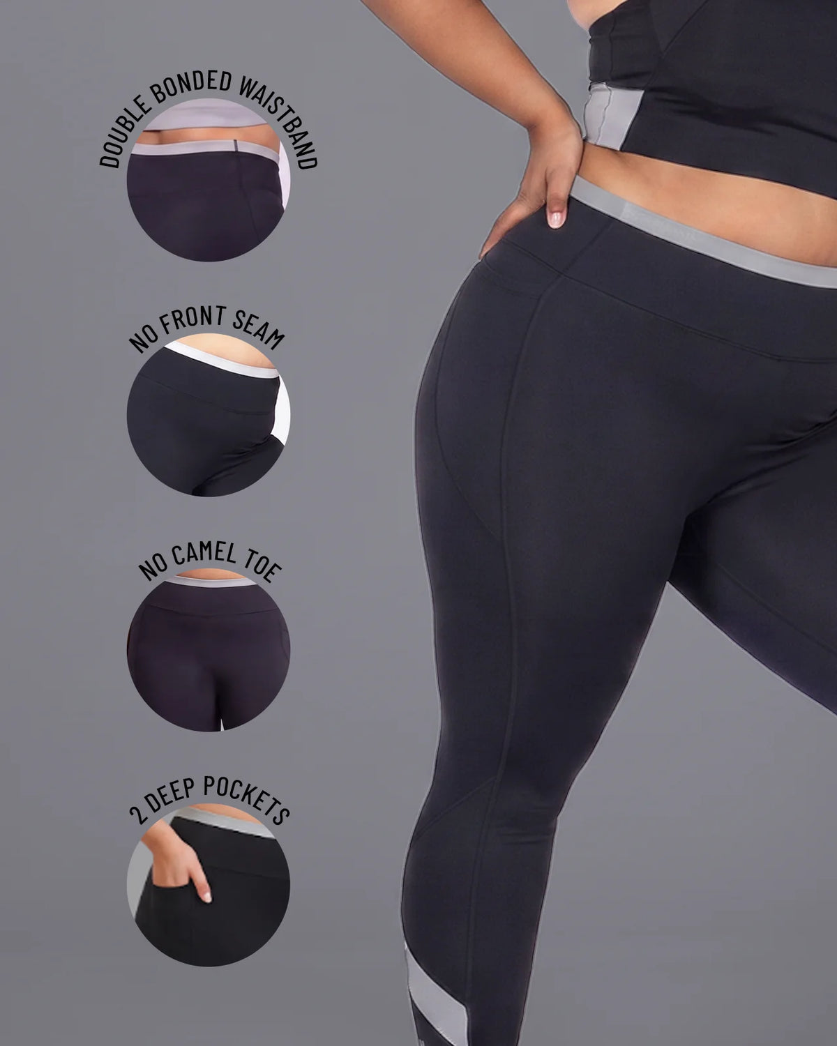 Black High-Rise Leggings with detail close-ups of the Double-Bonded Waistband, no front seam, engineered gusset and two deep side pockets.