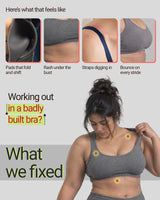 Working out in a badly built bra? Close-ups of common sports bra problems: pads that fold and shift, a rash under the bust, straps digging into the shoulder, and bounce on every stride. A woman adjusts an ill-fitting grey bra with red marks on her skin.