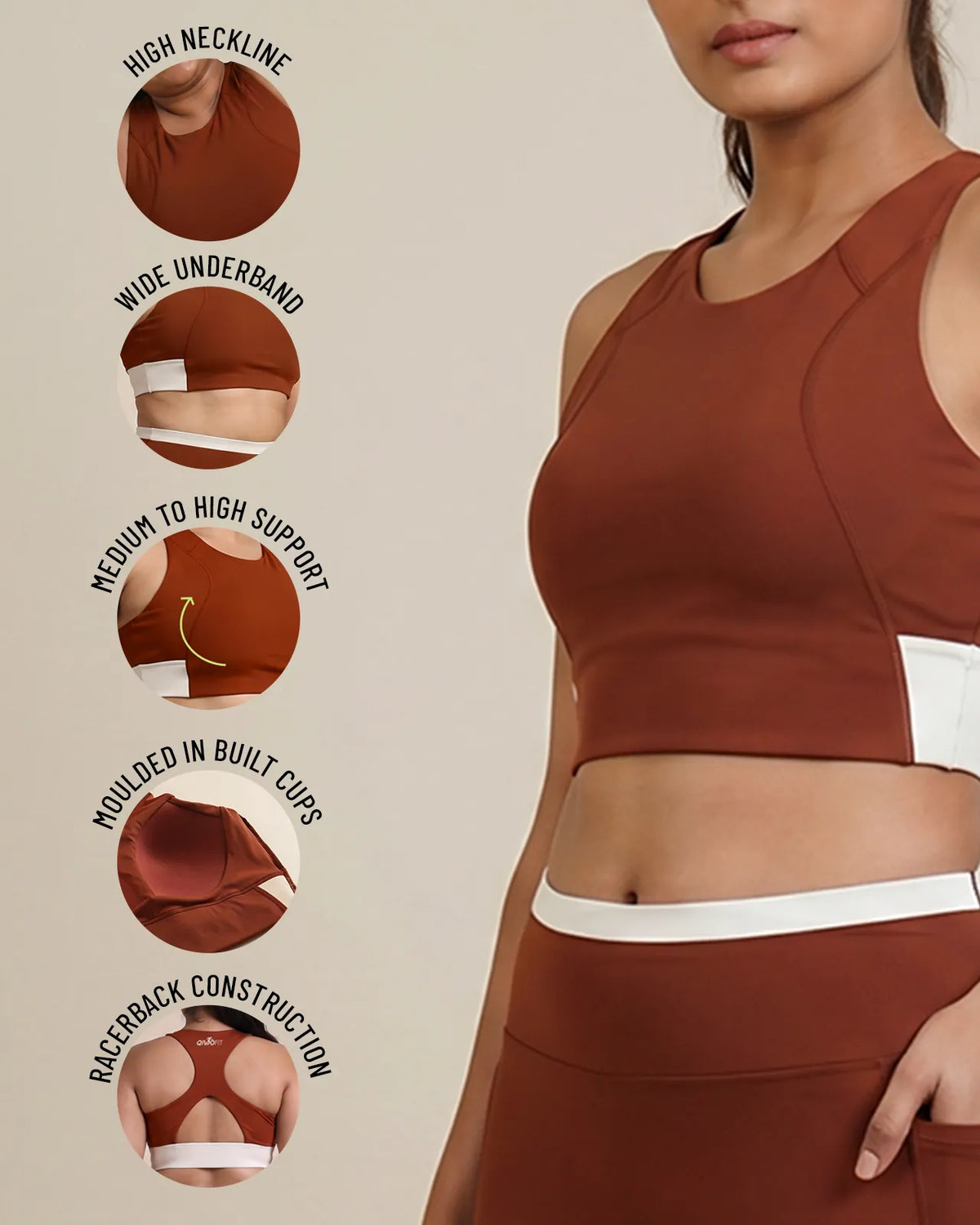 Brown Full Coverage Sports Bra with detail close-ups of the high neckline, wide underband, moulded built-in cups and racerback construction.
