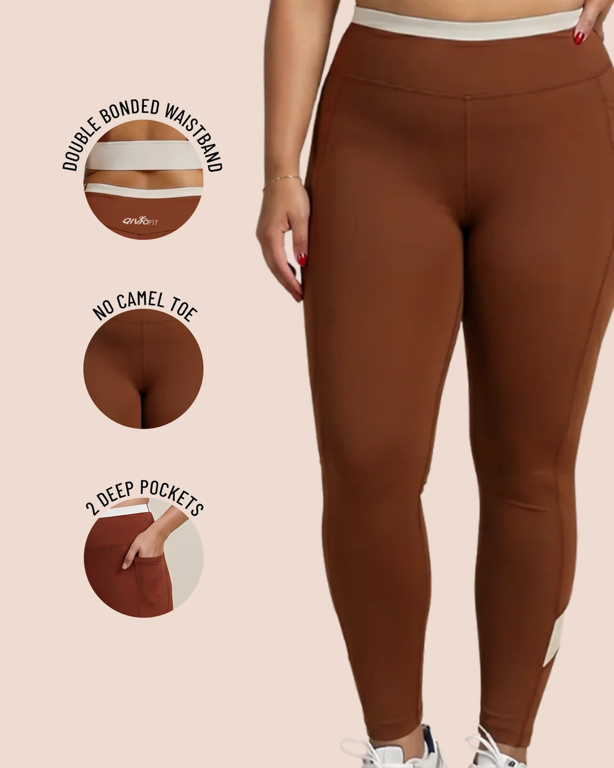 QivoFit brown leggings with cream contrast panels: double bonded waistband, no camel toe, and 2 deep pockets.