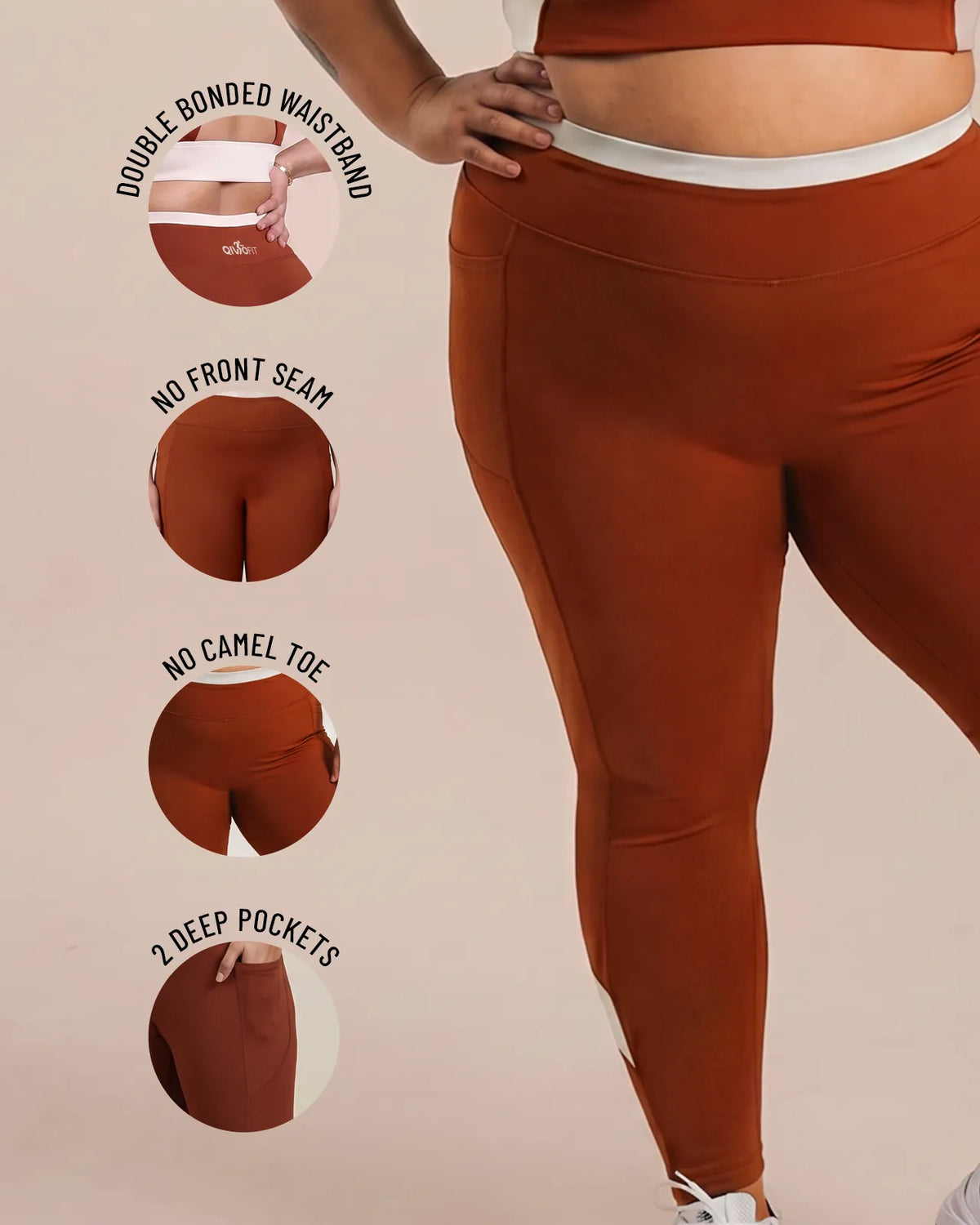 Brown High-Rise Leggings with detail close-ups of the Double-Bonded Waistband, no front seam, engineered gusset and two deep side pockets.
