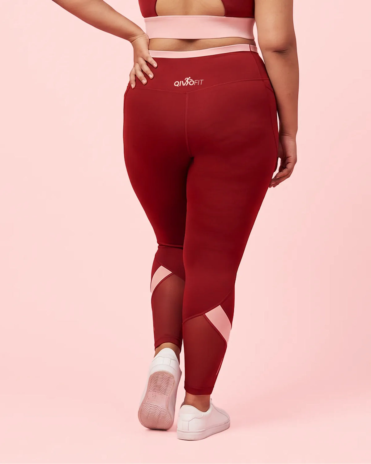 Back view of Maroon High-Rise Leggings, showing the fit through the hips and seat.