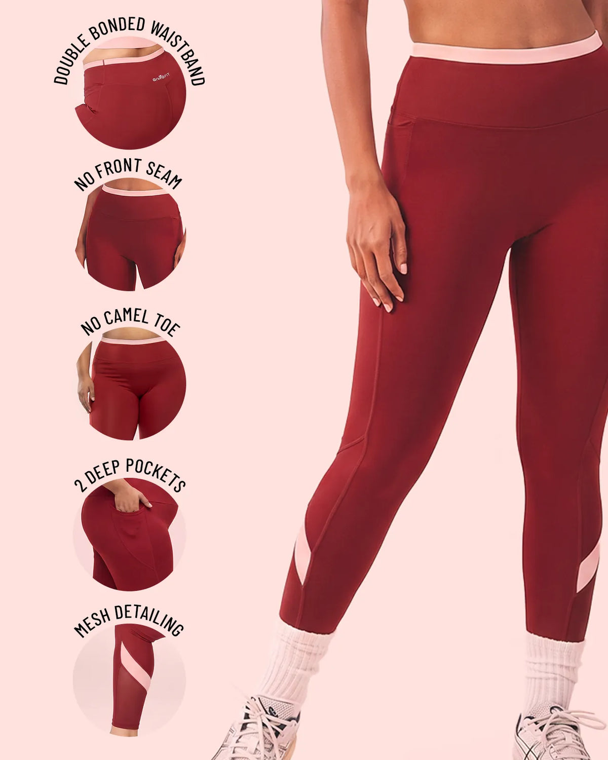Maroon High-Rise Leggings with detail close-ups of the Double-Bonded Waistband, smooth front, engineered gusset, two deep side pockets and mesh detailing.