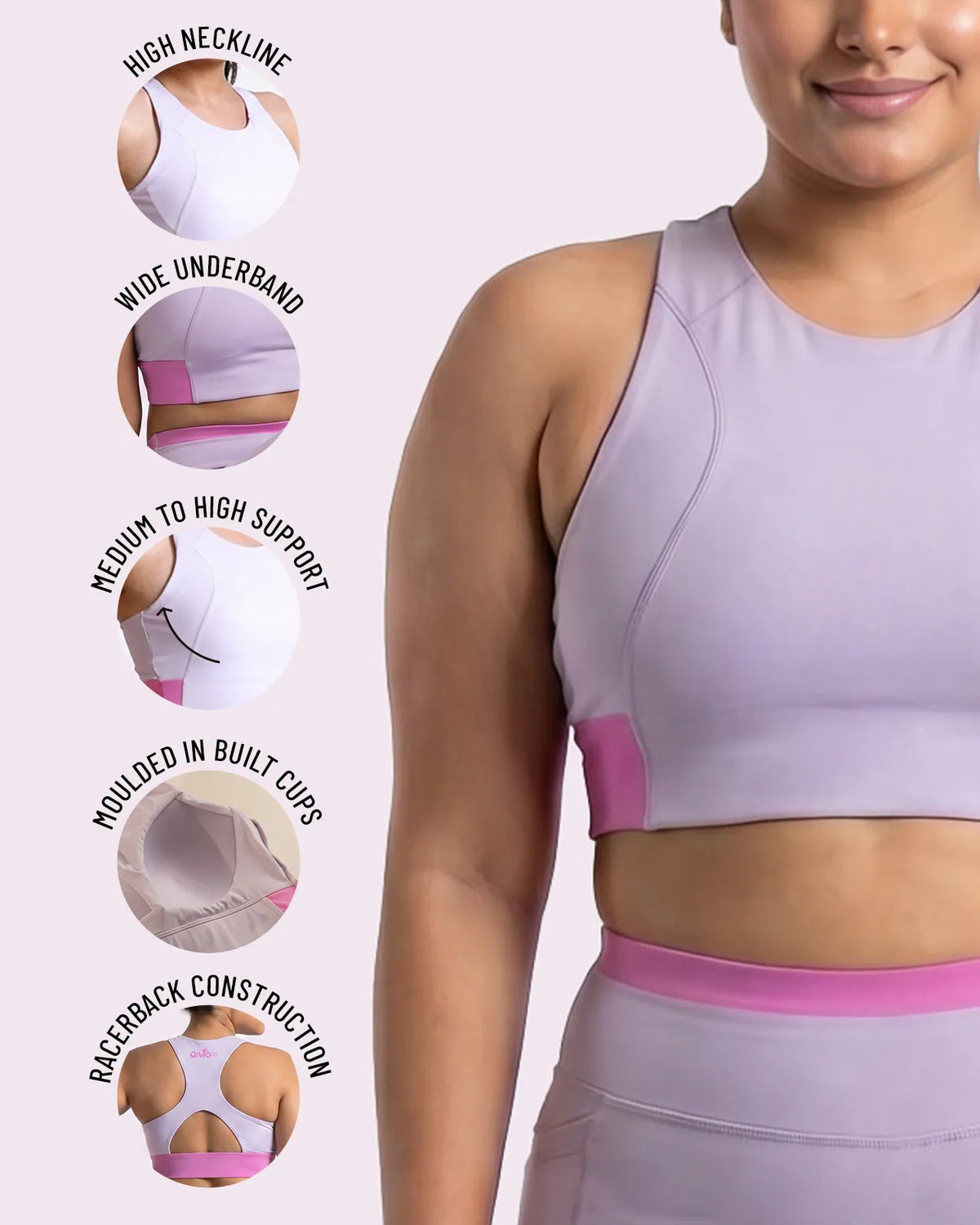 Mauve Full Coverage Sports Bra with detail close-ups of the high neckline, wide underband, moulded built-in cups and racerback construction.