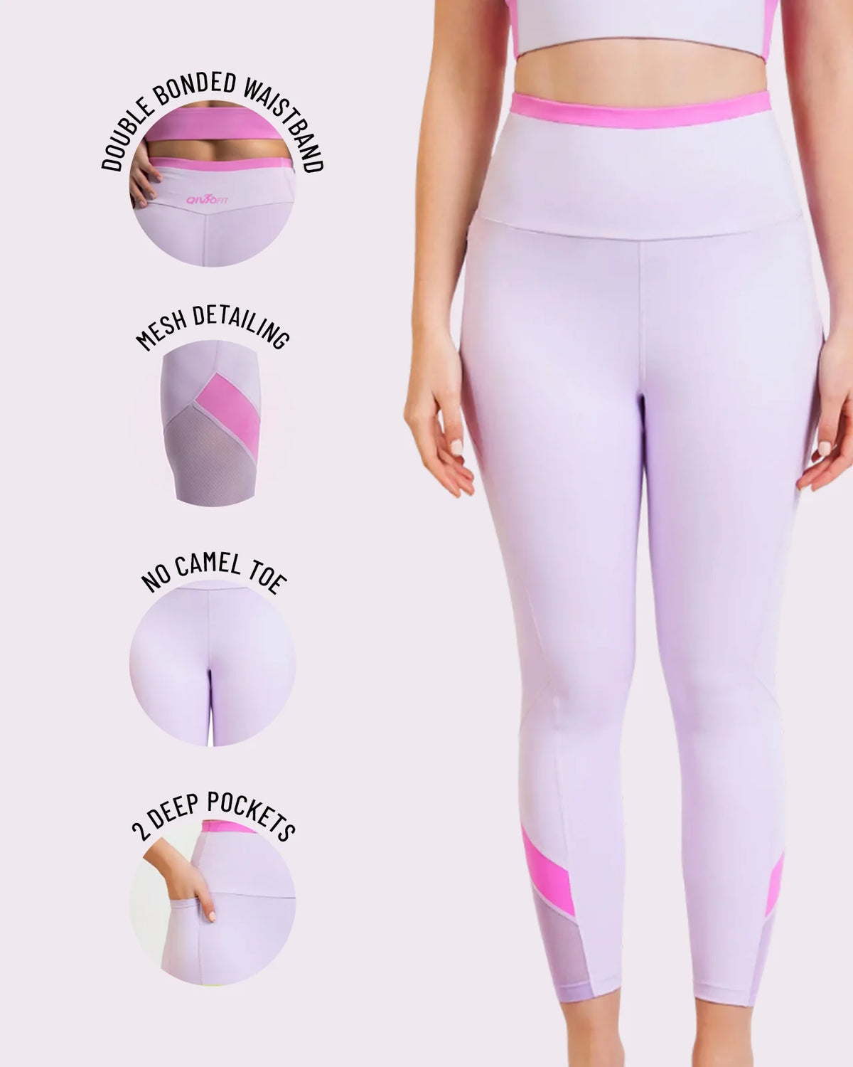 QivoFit mauve leggings with pink contrast panels: double bonded waistband, mesh detailing, no camel toe, and 2 deep pockets.