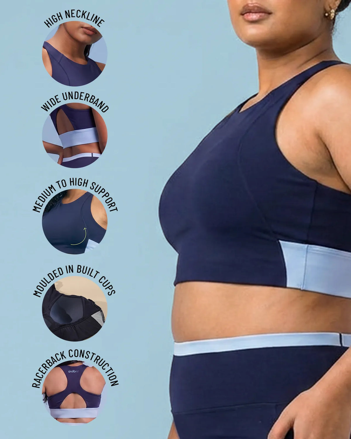 Navy Full Coverage Sports Bra with detail close-ups of the high neckline, wide underband, moulded built-in cups and racerback construction.