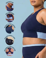 Navy Full Coverage Sports Bra with detail close-ups of the high neckline, wide underband, moulded built-in cups and racerback construction.