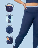 QivoFit navy leggings with light blue contrast panels: double bonded waistband, mesh detailing, no camel toe, and 2 deep pockets.