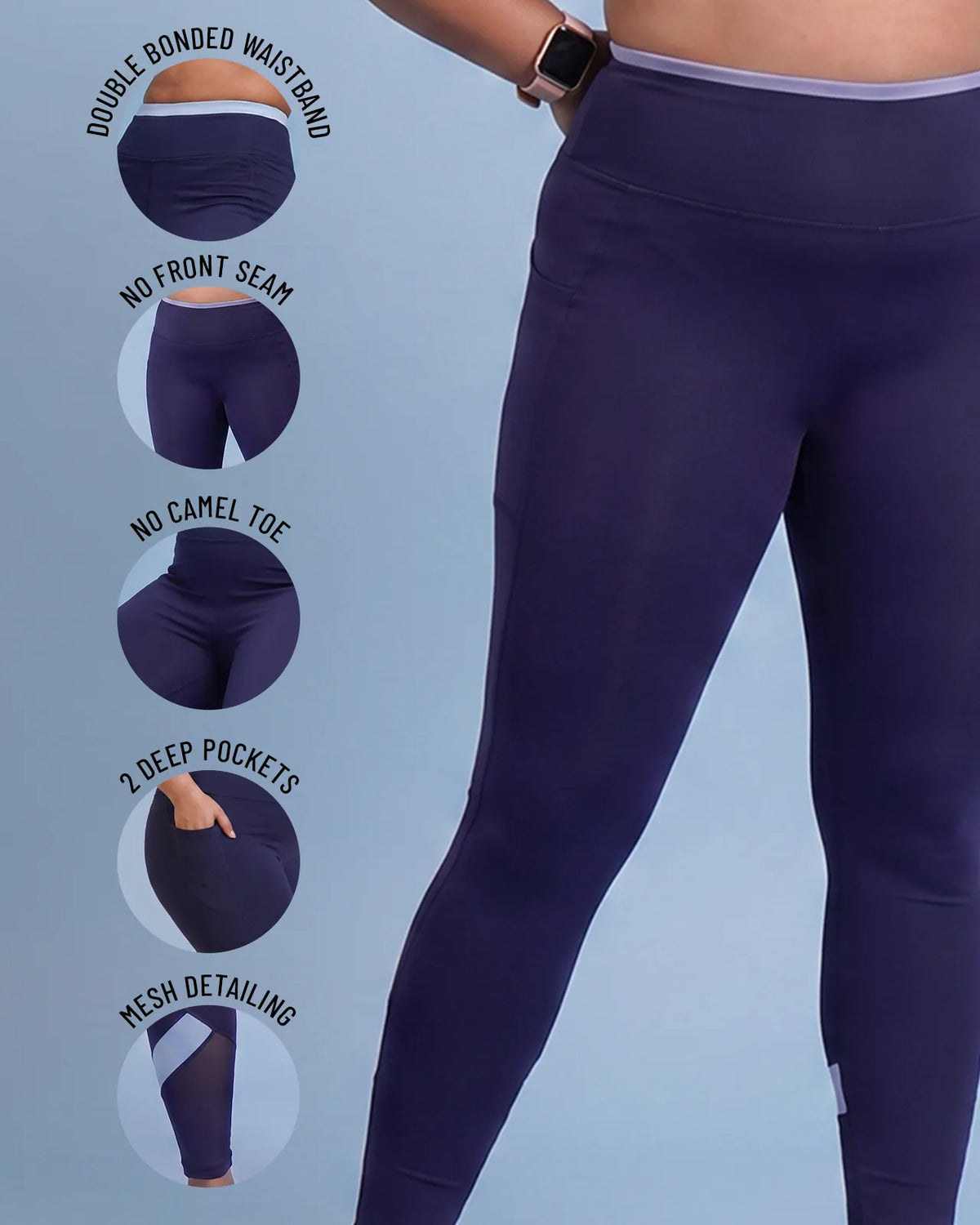 Navy High-Rise Leggings with detail close-ups of the Double-Bonded Waistband, no front seam, engineered gusset, two deep side pockets and mesh detailing.