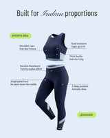 Built for Indian proportions. QivoFit navy no-seam sports bra and leggings: moulded cups that don't move, bust-inclusive cups up to G, thick bands that don't dig, bonded tummy-tucker waistband, single-panel front with no middle seam, and 2 deep pockets.