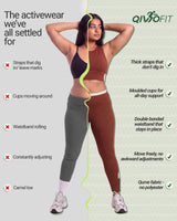 The activewear we've all settled for, compared with QivoFit. A woman is shown half in a thin-strap bra and grey leggings, half in the QivoFit Brown sports bra and leggings. The old problems: straps that dig in and leave marks, cups moving around, a rolling waistband, constant adjusting and camel toe. The QivoFit fixes: thick straps that don't dig in, moulded cups for all-day support, a Double-Bonded Waistband that stays in place, freedom to move without adjusting, and polyester-free Qurve™ fabric.