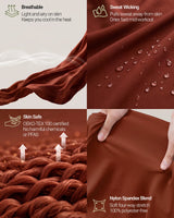 Close-ups of brown QURVE™ nylon-spandex fabric showing sweat-wicking with water beading on the surface, OEKO-TEX® Standard 100 certified skin safety, and polyester-free four-way stretch.