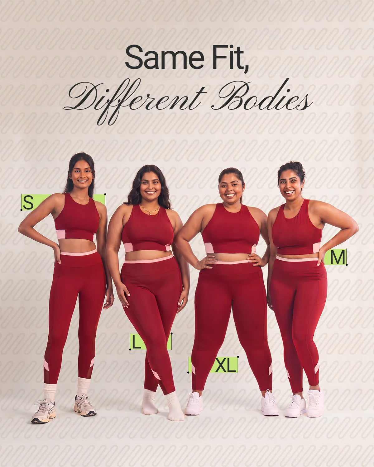 Four women of different body types in the same maroon sports bra and leggings, wearing sizes S, M, L and XL, showing how the same fit works across Indian proportions.