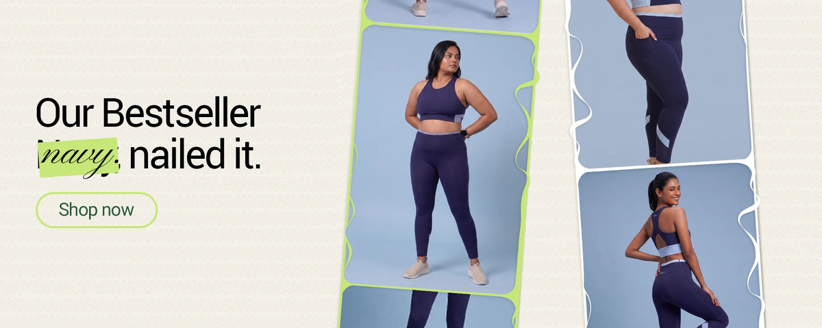 Our bestseller, now in navy. Women of different sizes wearing QivoFit's navy sports bra and leggings set.