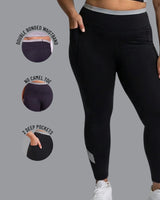 QivoFit black leggings with grey contrast panels: double bonded waistband, no camel toe, and 2 deep pockets.
