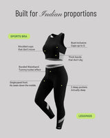 Built for Indian proportions. QivoFit black no-seam sports bra and leggings: moulded cups that don't move, bust-inclusive cups up to G, thick bands that don't dig, bonded tummy-tucker waistband, single-panel front with no middle seam, and 2 deep pockets.