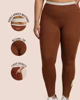 QivoFit brown leggings with cream contrast panels: double bonded waistband, no camel toe, and 2 deep pockets.