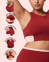 Maroon Full Coverage Sports Bra with detail close-ups of the high neckline, wide underband, moulded built-in cups and racerback construction.