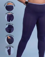 Navy High-Rise Leggings with detail close-ups of the Double-Bonded Waistband, no front seam, engineered gusset, two deep side pockets and mesh detailing.