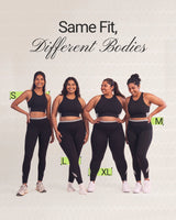 Four women of different body types in the same black sports bra and leggings, wearing sizes S, M, L and XL, showing how the same fit works across Indian proportions.