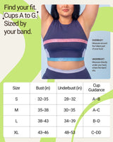 Model in a navy sports bra with the QivoFit bra size chart. Cups A to G, sized by your band. Bust, underbust and cup guidance in inches: S 32 to 35, 28 to 32, A to B. M 35 to 38, 30 to 35, A to C. L 38 to 43, 34 to 39, B to D. XL 43 to 46, 40 to 43, C to DD.