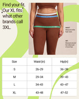 Brown leggings on a model with the QivoFit size chart. QivoFit XL fits what other brands call 3XL. Waist and hip in inches: S 26 to 29 and 36 to 39, M 29 to 34 and 39 to 43, L 34 to 43 and 43 to 47, XL 43 to 48 and 47 to 52.